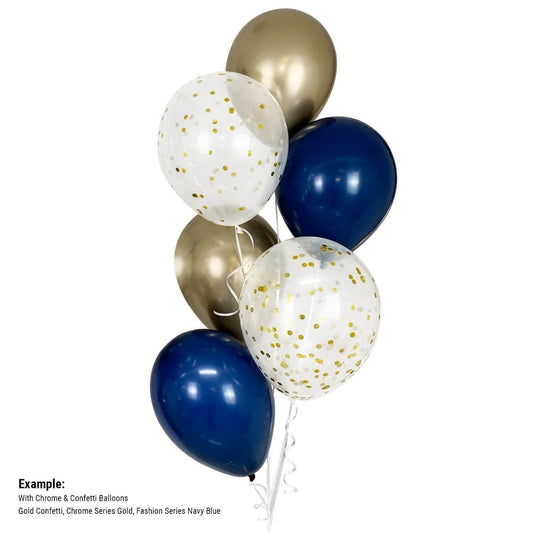 Bouquet of balloons in gold, white, and navy on a white background