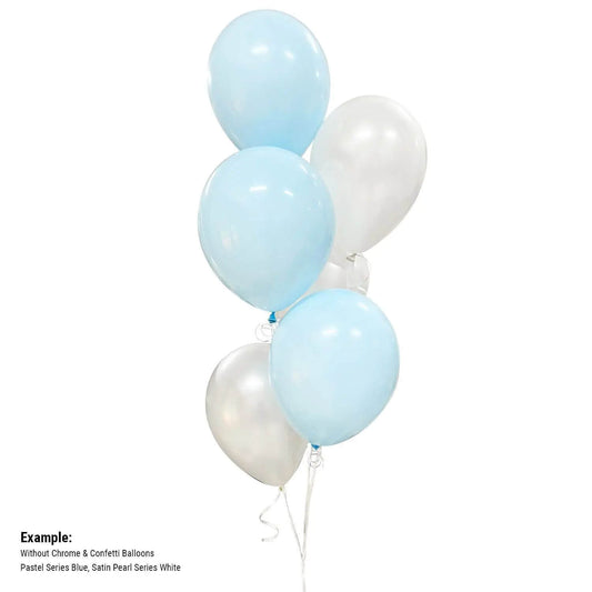 Bunch of light blue and white balloons on a white background